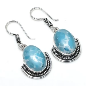 Blue Larimar Gemstone Handmade 925 Sterling Silver Jewelry Earring Size 1.25" - Picture 1 of 1