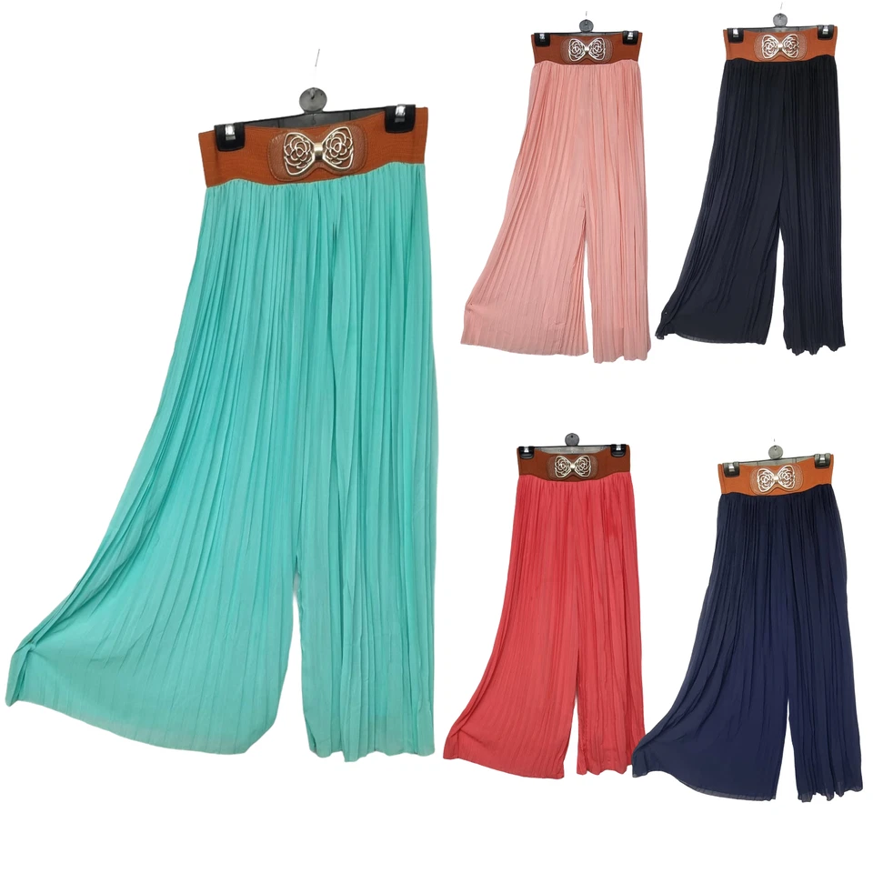 New Women Pleated Chiffon Summer Wide Leg Belted Trouser Pants Baggy Loose Style - Image 1 of 4