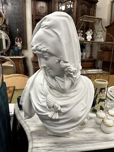 Antique French Parian Porcelain Bust Of A Young Woman Signed A Carrier-Belleuse