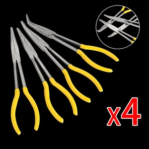 4pc 285mm Long Reach Nose Pliers 11" Straight Bent Angled Plier Set Hand Tool - Picture 1 of 12