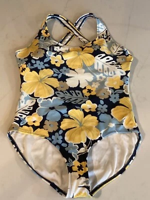Hanna Anderson Swimsuit One Piece Bathing Suit Floral Blue/yellow SZ. M READ - Image 1 of 4