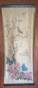 Vintage Asian Hand Painted Acrylic Scroll Tree Butterfly Bird Flower Floral - Picture 1 of 9