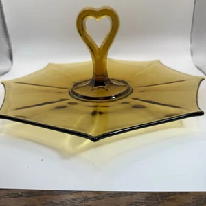 Vintage Gold Glass Tidbit Sandwich Serving Tray with Heart Handle Sectioned - Picture 1 of 4