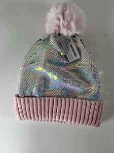 Girls Pink Sequin Pom-Pom Hat | Fleece Lined Rib Knit Beanie | Winter | NEW - Picture 1 of 2
