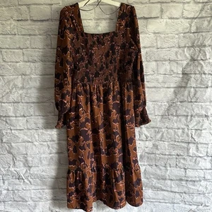 PREOWNED NINE WEST BROWN SQUARE NECK LONG SLEEVE MIDI DRESS WOMENS XXL - Picture 1 of 5