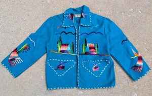 Vintage Handmade Mexican Jacket Wool Hand Embroidered Childs Youth Blue 2T Kid's - Picture 1 of 8