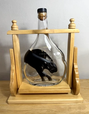 MEUKOW France Cognac Empty Bottle Black Panther 750ml 10" With Wooden Pour Stand - Image 1 of 4