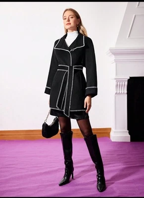 Motf Wool Blend Black Contrast Stitch Belted Coat NWT Large - Image 1 of 4