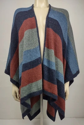 Peruvian Connection blue brown gray striped Alpaca blend poncho sweater OSFA - Image 1 of 4