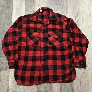 VTG 70s Sears Kings Road Buffalo Plaid Cotton Shirt Red Black Large Tall Flannel - Picture 1 of 9