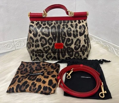 Dolce & Gabbana Sicily Shoulder Bag Handbag Red Beige Animal Print PVC Leather - Image 1 of 4