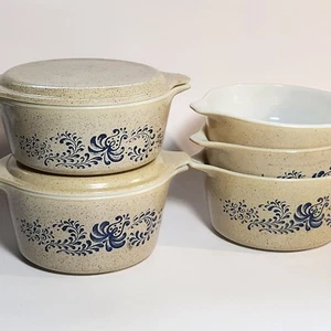 Vintage Pyrex Homestead 471/472/473 Kasserolle blau gesprenkelt hellbraun 1976-80 5er Set - Bild 1 von 18