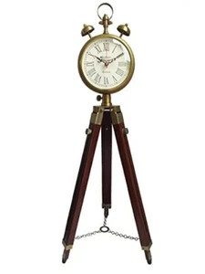 Timeless Elegance: Wooden & Brass Tripod Floor Clock with Twin Bells - Picture 1 of 7
