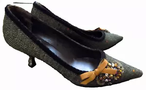 Zapatos de salón PRADA Olive Tweed naranja lazo pedrería adornados 2,5" tacones torcidos 37 7 - Imagen 1 de 16