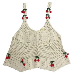 Rebellion Again Open Crocheted Crop Tank Top Junior’s Large Ivory Cherries NEW - Picture 1 of 8