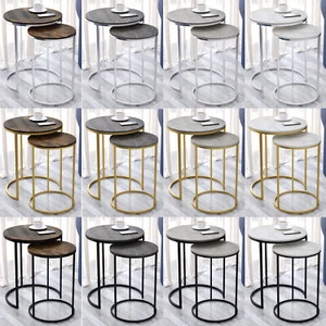 2Pc Round Nesting Stackable Sofa Side Bedside End Table Set Wood Top Metal Legs - Picture 1 of 70
