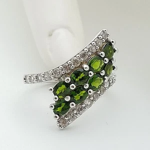 New Y Sterling Silver 925 Stunning Forest Green & White Topaz Cocktail Ring Sz 6 - Picture 1 of 10
