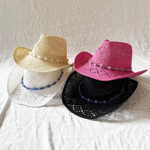 Western Cowgirl Cowboy Straw Hat for Women with Beaded Trim and Shapeable Brim - Picture 1 of 16