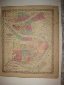 ANTIQUE 1860 PITTSBURGH PENNSYLVANIA CINCINNATI OHIO COLTON HANDCOLOR DATED MAP - Afbeelding 1 van 1