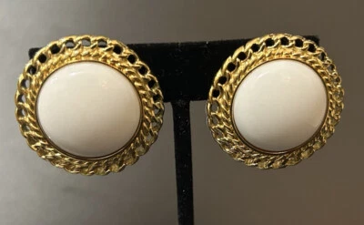 Vtg Monet Cabochon Earrings White Gold Toned Chain Dome Retro Clip On Wedding - Image 1 of 4