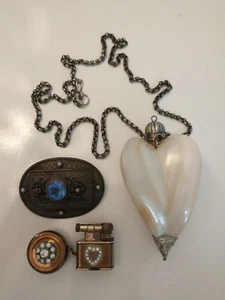 Vintage Jewelry Group of 3: Golden Wheel Lighter, Pin & Shell Necklace on Chain - Picture 1 of 3