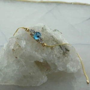 14K YG Blue Topaz and White Sapphire Diamond Accent Bracelet 7 inch Circa 1970 * - Picture 1 of 8