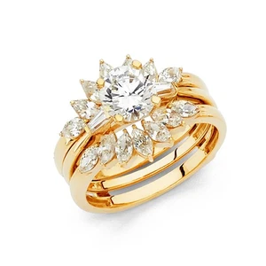 2.60 Ct Round Flower Wedding Ring Jacket Set Real 14K Yellow Gold Matching Band - Picture 1 of 1