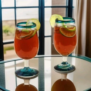 Mexican Stemmed Glassware, 7.25" Water Goblet, 14oz. Set of 2, Aqua Blue Rimmed - Picture 1 of 19