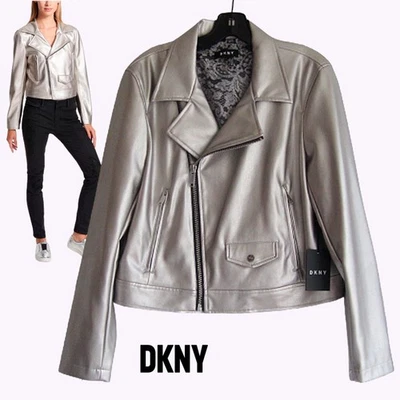 DKNY NUEVO Metálico-Plateado Moto Imitación Cuero Cremallera Asimétrica Chaqueta de Motociclista L Foto 1 de 4