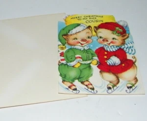 Vintage Gibson Card inutilizzata bambini cugini feltro rosso vestito pop out stand nuovo - Foto 1 di 7