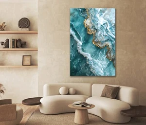Arte de pared con impresión de póster o lienzo abstracto fluido blanco, azul y dorado sin marco - Imagen 1 de 3