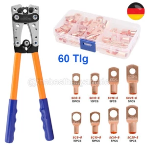 60X Batteriekabelschuh Sortiment 6-50mm² Crimpwerkzeug Rohrkabelschuhe Zange Set - Bild 1 von 12