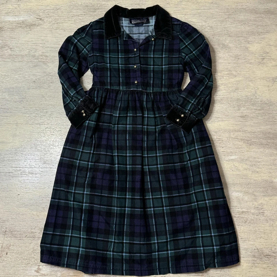 Usado en Excelente Condición Vestido Terciopelo Cuadros Verde Cuello Land End Talla 6 Años Foto 1 de 4