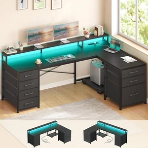 58" L Shaped Computer Desk, Reversible Corner Desk with 7 Drawers and LED Lights - Picture 1 of 37