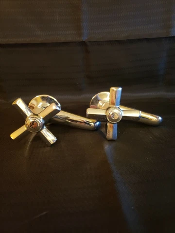 Matching Pair Of Vintage Chrome Separate Hot Cold Cross Handle Sink Faucets Cover