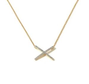 Womens Real Diamonds Solid 14K Yellow Gold "X" Crossover Necklace, New - Picture 1 of 1