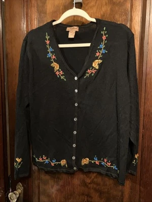 Milano Embroidered Black V-Neck Cardigan Size 3X Cotton Blend - Image 1 of 4
