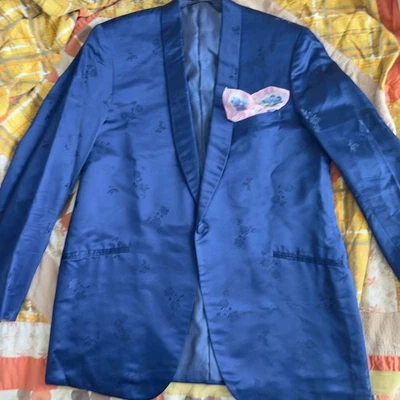 1960’s Blue Hong Kong One Button Jacquard Silk Tuxedo Jacket Size 39R  Vintage - Image 1 of 4