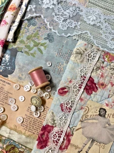 Vintage COTTAGE Styled Floral Fabrics, Trims, Ephemera Project Bundle - Picture 1 of 7