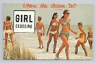 WEIRD ODD Girl Crossing Fort Lauderdale Action Town Beach Babes Old Postcard B