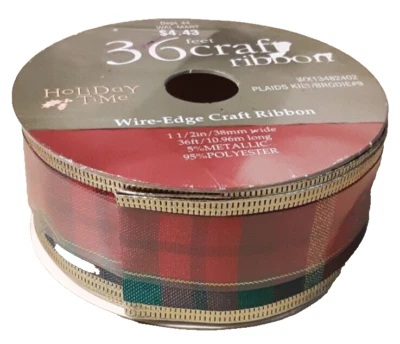 Holiday Time Wire-Edged Craft Ribbon Red Green Plaid Gold  1.5 In x 36 Ft NEW - Image 1 of 4