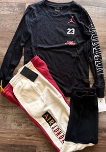 NWT Nike Air Jordan Boys YLG Black/Red/Ivory/White Sweat Pants Set Large - Picture 1 of 5