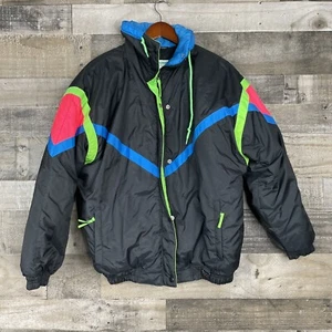 Vintage Downhill By Yukon Trail Ski Jacket Womens Size L Black with Neon 90s - Picture 1 of 9