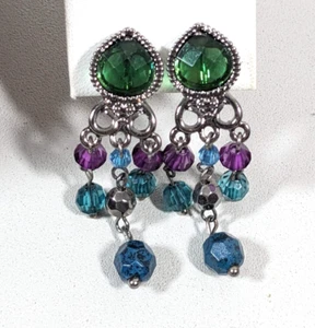 Beachy Coastal Green Purple Blue Chandelier Gray Metallic Clip On Earrings - Picture 1 of 7