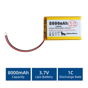 1PCs 3.7v 8000mah 126090 MakerNova Micro JST 1.25 Plug for Arduino Nodemcu ESP32 - Picture 1 of 6