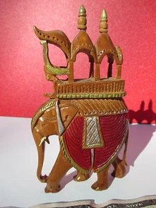 Handmade and Decorated Carved Wood Miniature Mughal King's Elephant with Rider - Picture 1 of 10
