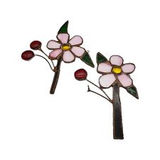 Vintage Handmade Stained Glass Pink Daisy Flower Suncatchers Set of 2