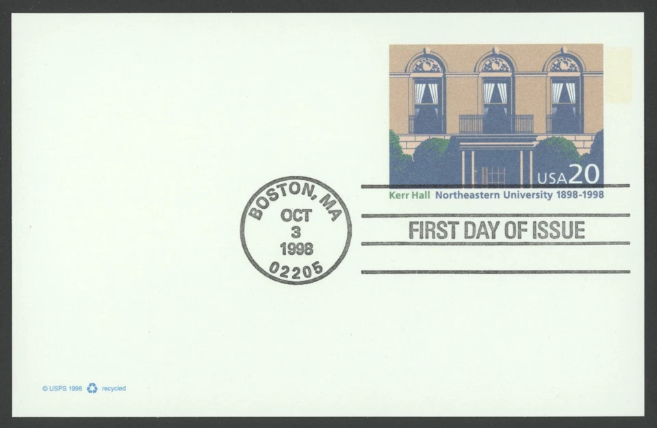 1998 US Scott #UX298 20c Northeastern University Postal Card, FDC - Image 1 of 1