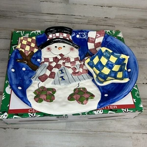 World Bazaars Christmas Snowman Snack Tray with Dip Bowl Holiday Vintage 15x11 - Picture 1 of 12