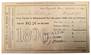 Antique 1896 Weymouth MA Town Poll Property Tax Receipt for Isaac W. Hollie Jr. - Picture 1 of 2